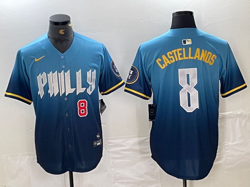 Men Philadelphia Phillies #8 Castellanos Blue City Edition Nike 2024 MLB Jersey style 3
